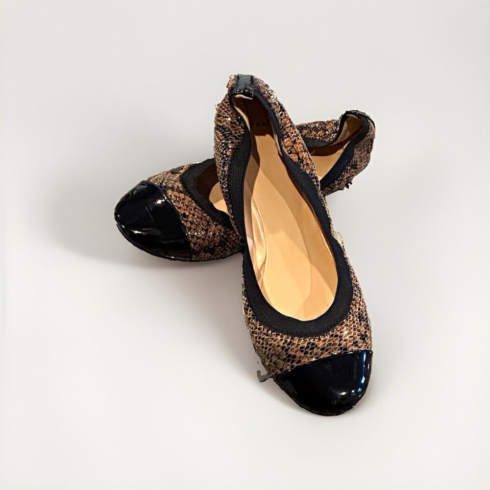 Cole Haan Deltona Gore Ballet Flats Snakeskin Leather Black Patent Cap Toe 7.5